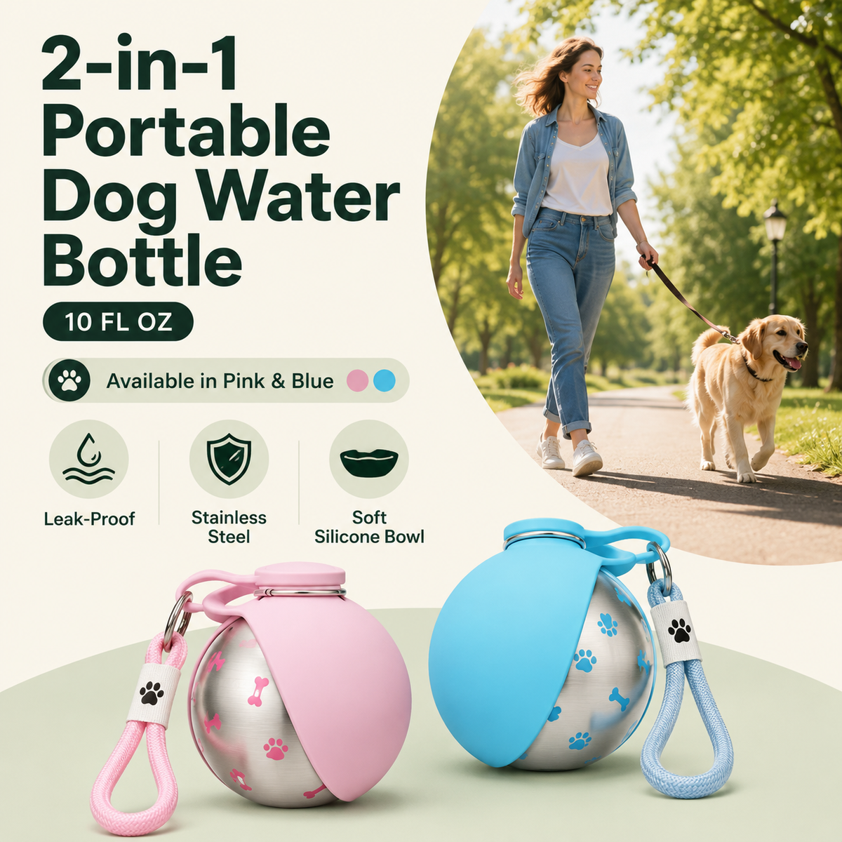 2-in-1 Portable Dog Water Bottle for Small Dogs - Leak-Proof & Compact Dog Travel Water Bottle -Stainless Steel Bottle & Silicon