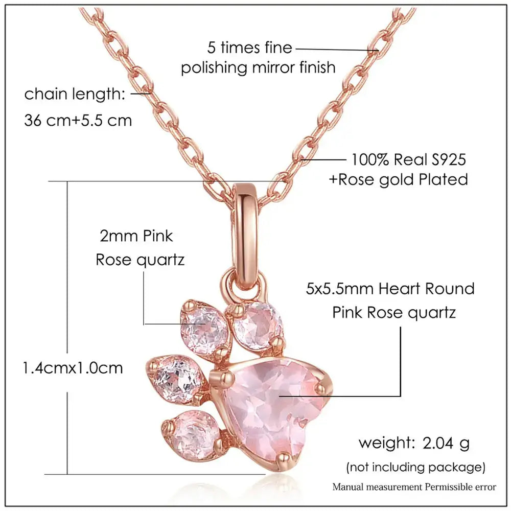 Cute Bear Paw Cat Paw Engagement Gift Natural Gemstone 925 Sterling Silver Pink Rose Quartz  Necklace S925 for Women NI027