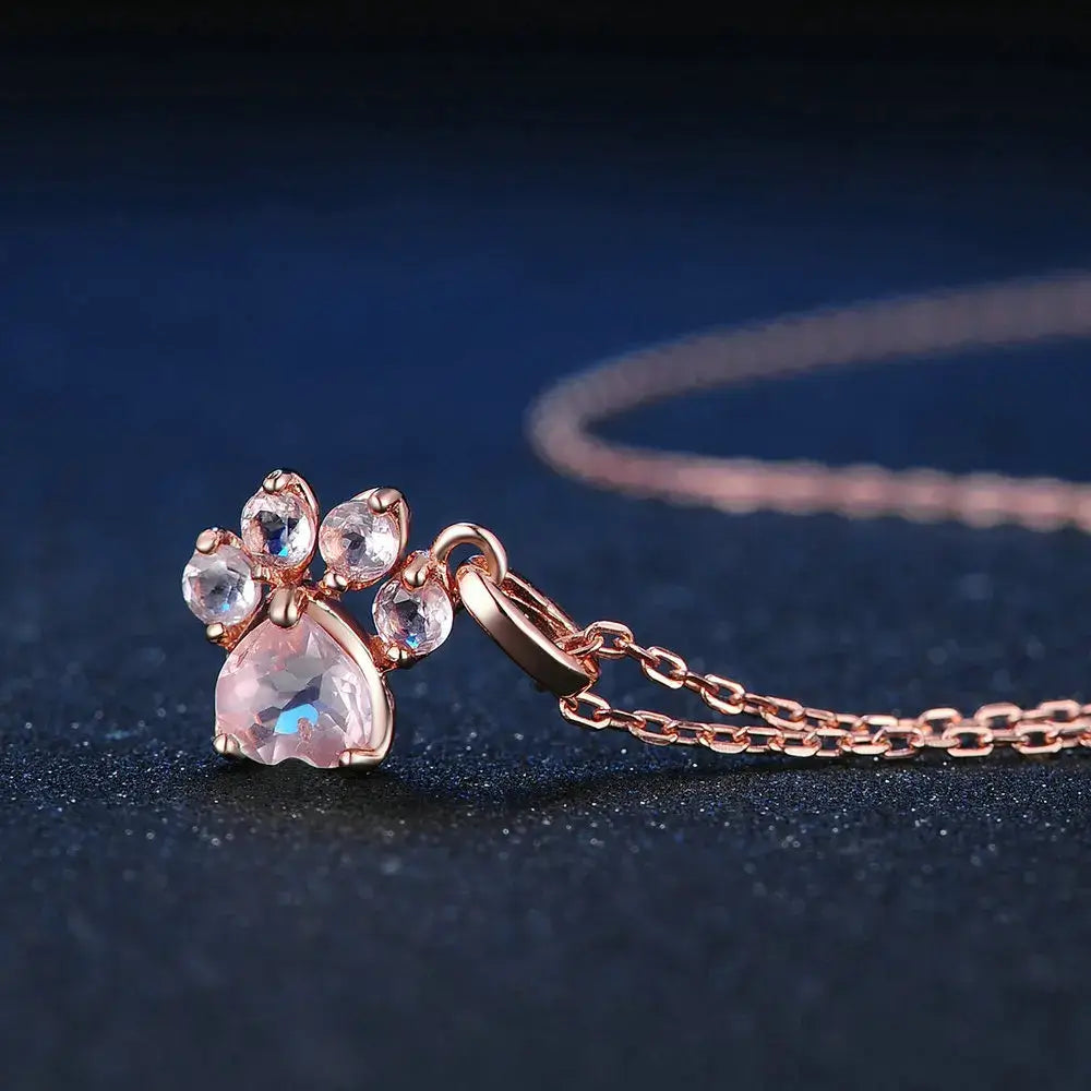 Cute Bear Paw Cat Paw Engagement Gift Natural Gemstone 925 Sterling Silver Pink Rose Quartz  Necklace S925 for Women NI027