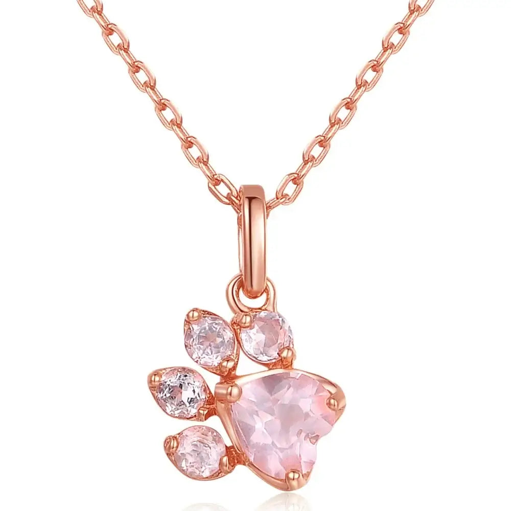 Cute Bear Paw Cat Paw Engagement Gift Natural Gemstone 925 Sterling Silver Pink Rose Quartz  Necklace S925 for Women NI027