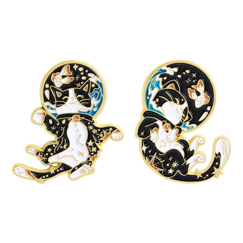 Cartoon Space Astronaut Cat Collection Enamel Pins Cute Cat Constellation And Fish Tank Brooches Lapel Hat Badge Jewelry Gifts