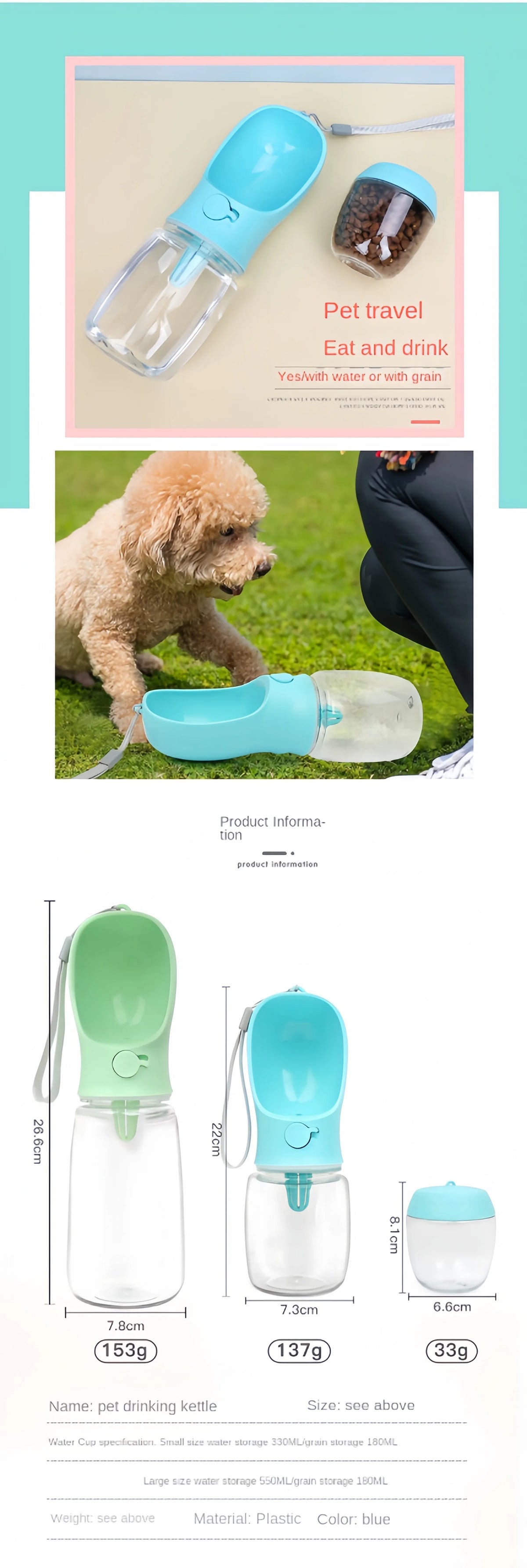Tragbare Hunde Katzen Wasserflasche mit Futter- und Wasserbehälter für Welpen, Hunde, Futterspender, Futternapf für Unterwegs, Haustierbedarf
