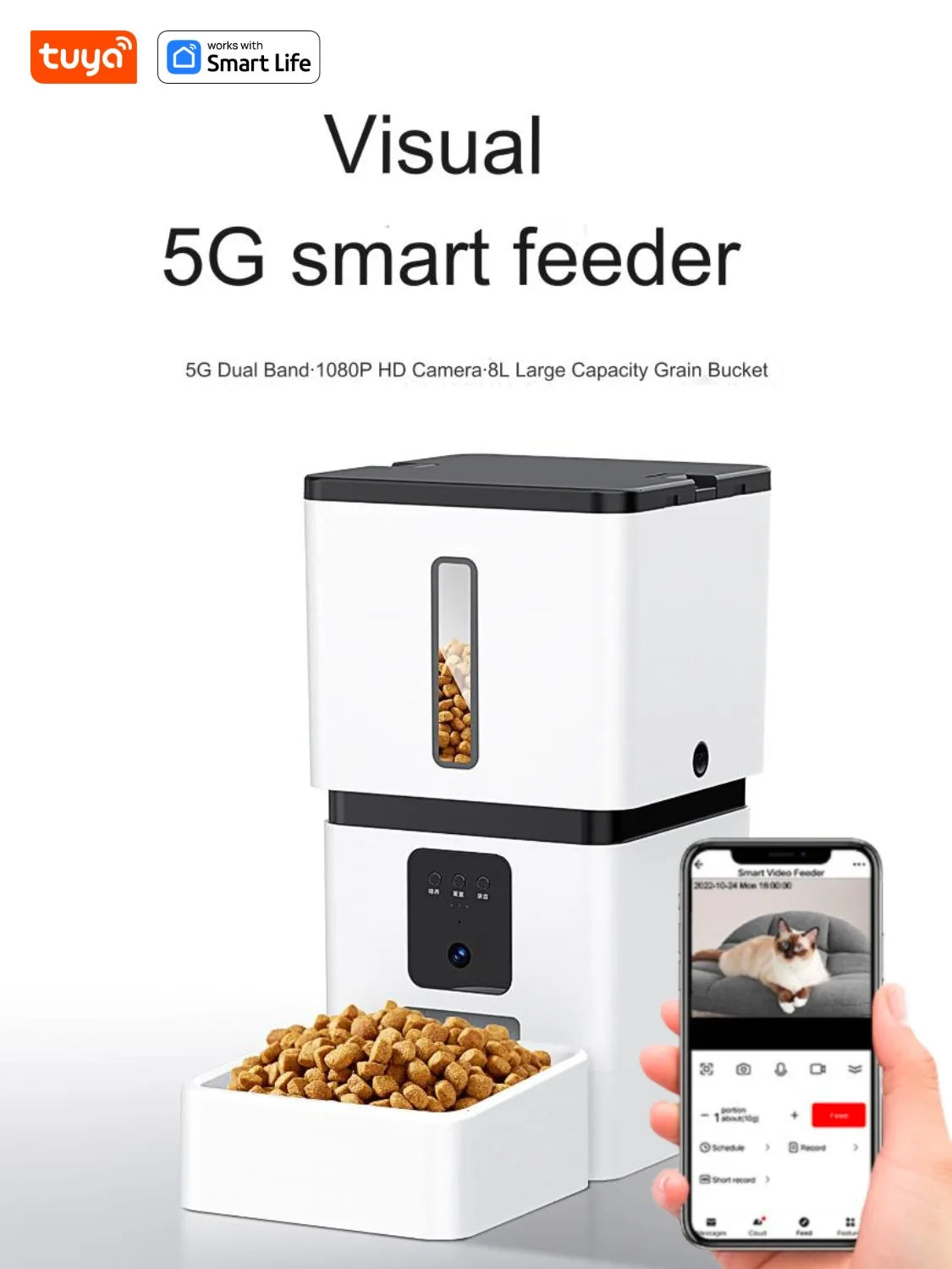 8L Automatic Smart Food Dispenser Timer ABS Bowl Auto Dog Cat Pet Feeding HD Camera WiFi Auto Feeder With TuyaAPP remote control