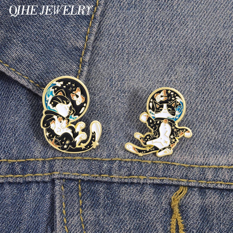 Cartoon Space Astronaut Cat Collection Enamel Pins Cute Cat Constellation And Fish Tank Brooches Lapel Hat Badge Jewelry Gifts