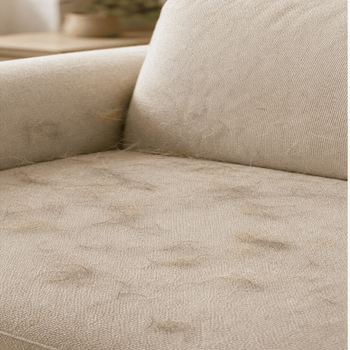 Looping before and after of pet hair removed from a fabric sofa